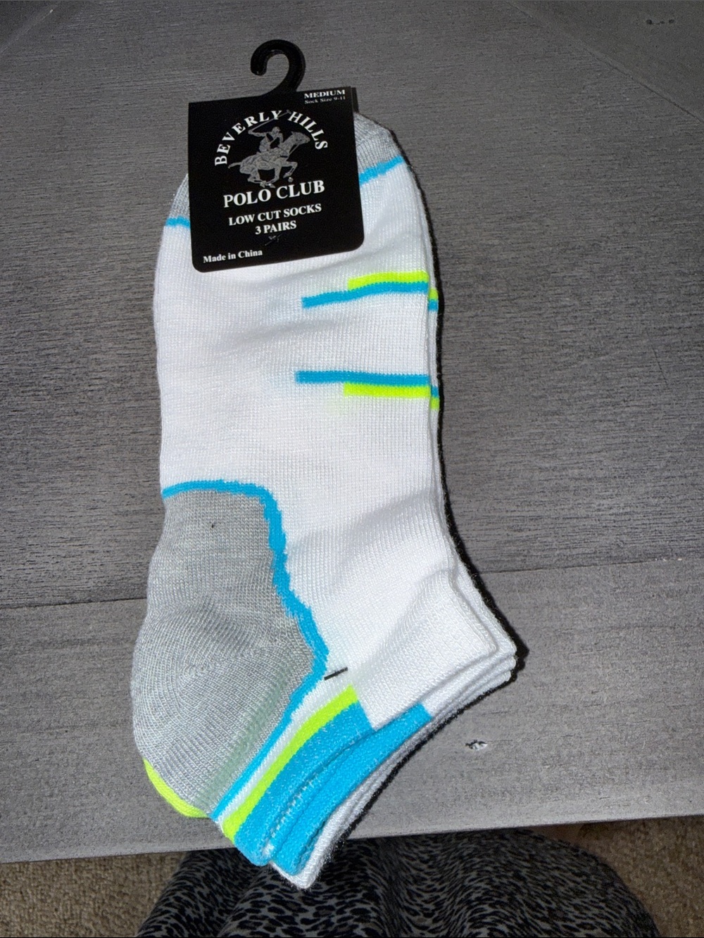 Beverly Hills Polo Club White Low-Cut Athletic Socks with Blue & Lime Stripes